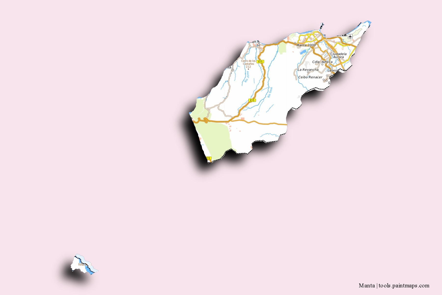 Mapa de barrios y pueblos de Manta con efecto de sombra 3D