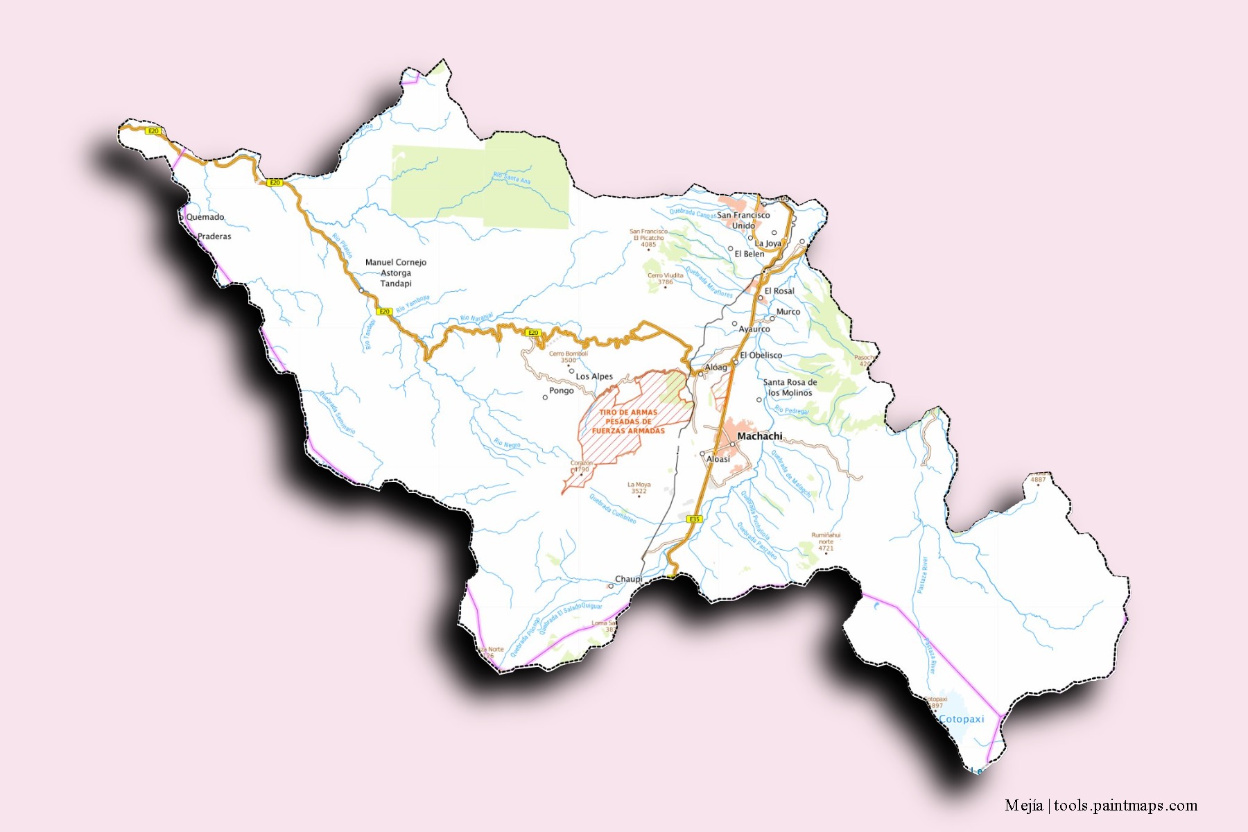 Mejía neighborhoods and villages map with 3D shadow effect