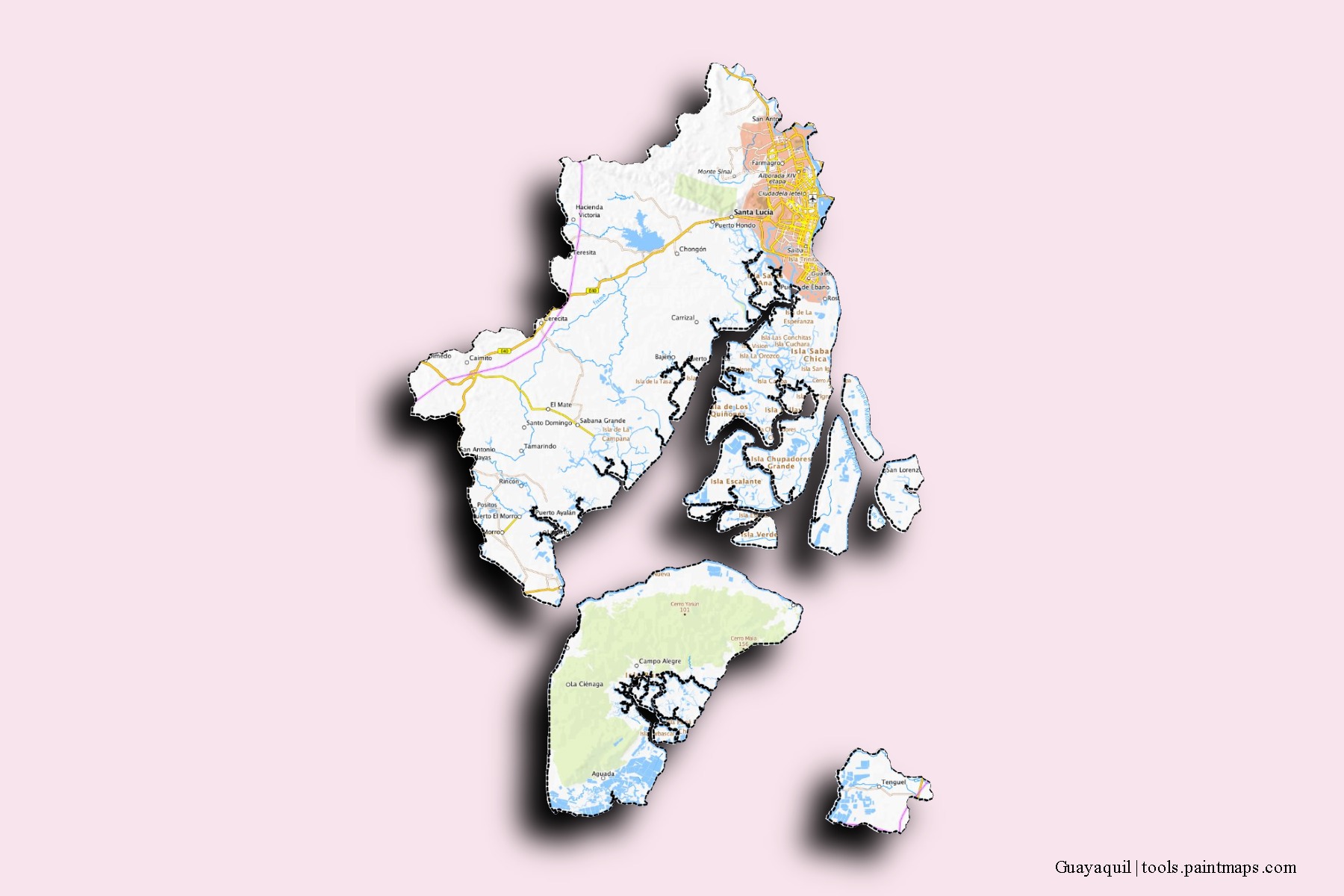 Guayaquil neighborhoods and villages map with 3D shadow effect