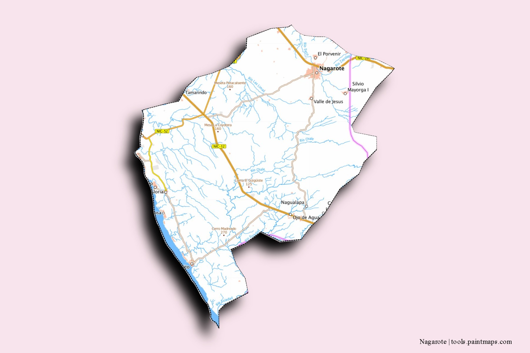 Mapa de barrios y pueblos de Nagarote con efecto de sombra 3D