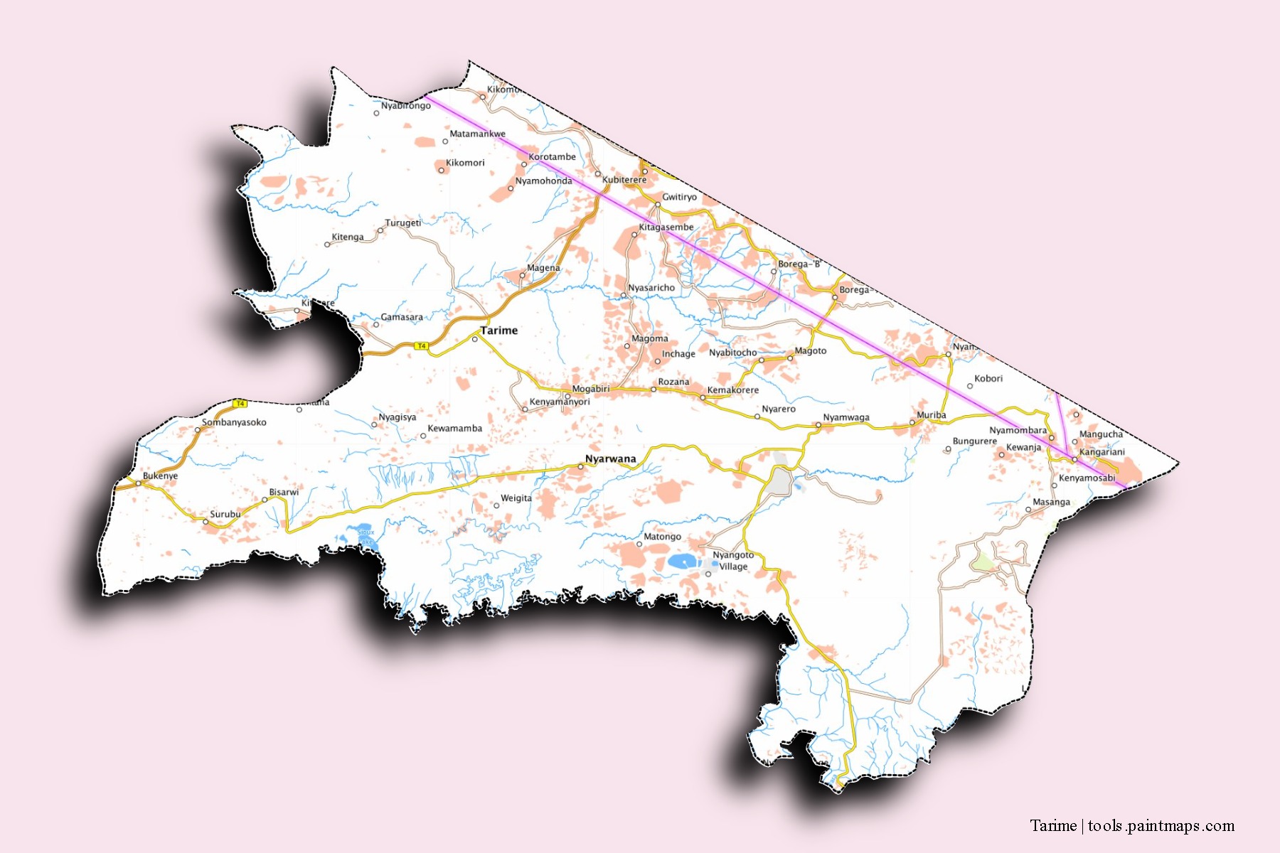 Tarime neighborhoods and villages map with 3D shadow effect