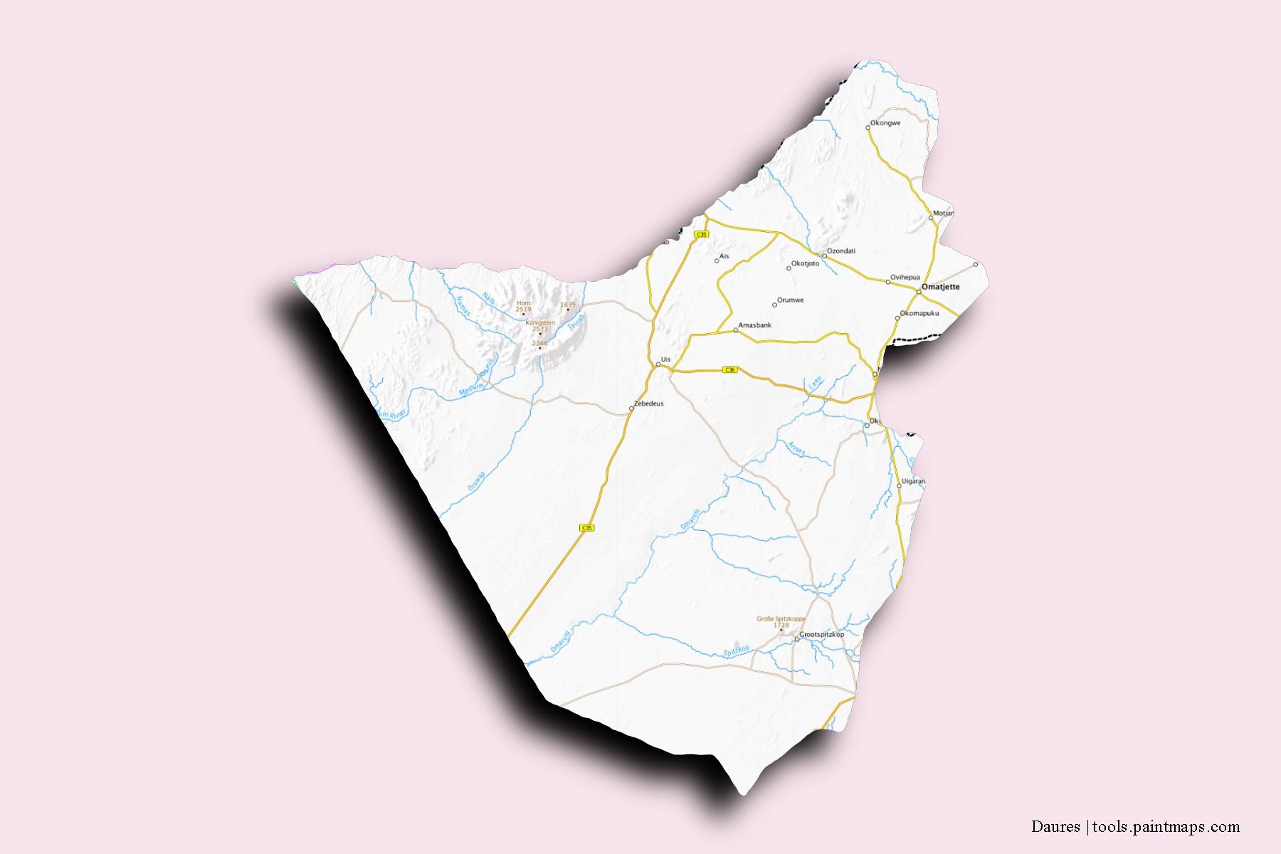 Mapa de barrios y pueblos de Daures con efecto de sombra 3D