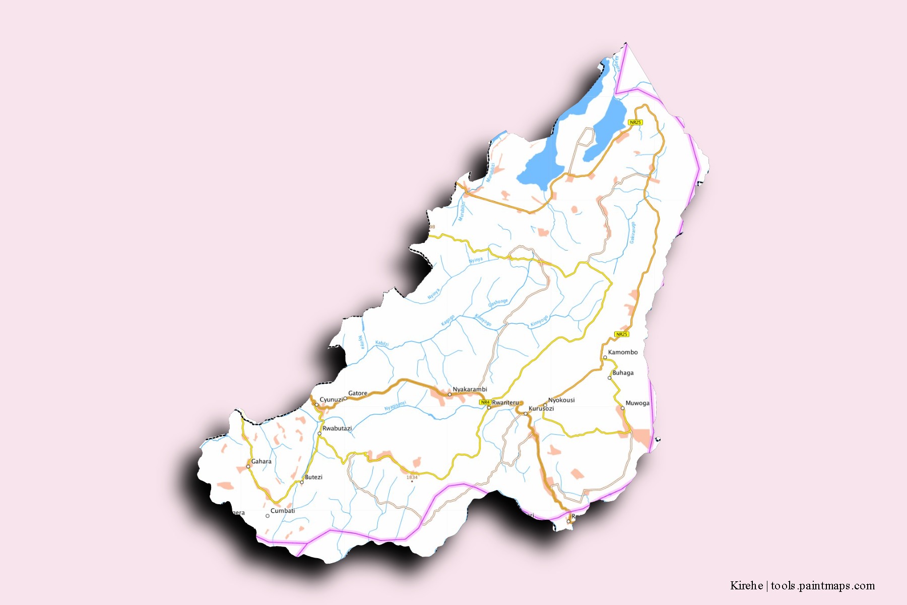 Mapa de barrios y pueblos de Kirehe con efecto de sombra 3D