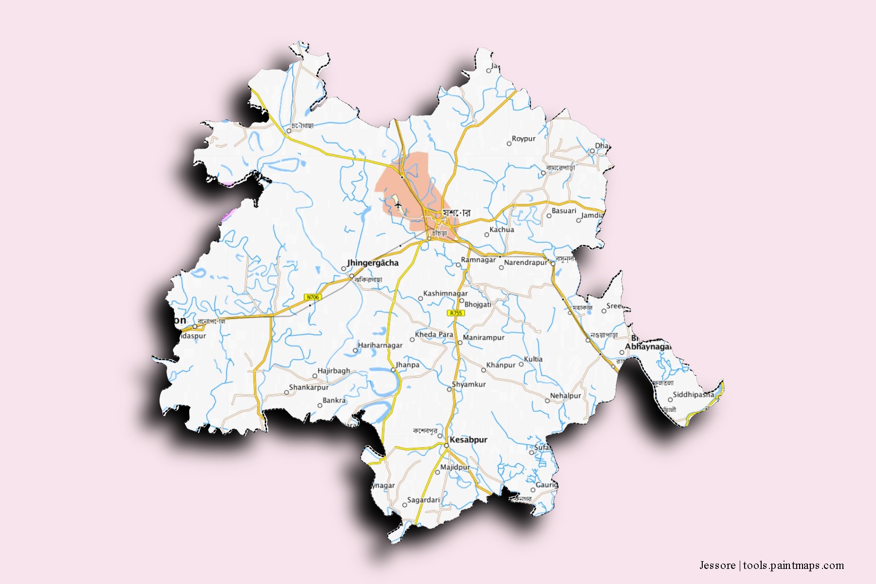 3D gölge efektli Jessore mahalleleri ve köyleri haritası
