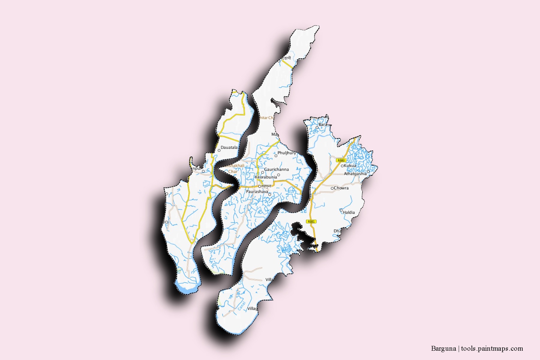 Barguna neighborhoods and villages map with 3D shadow effect