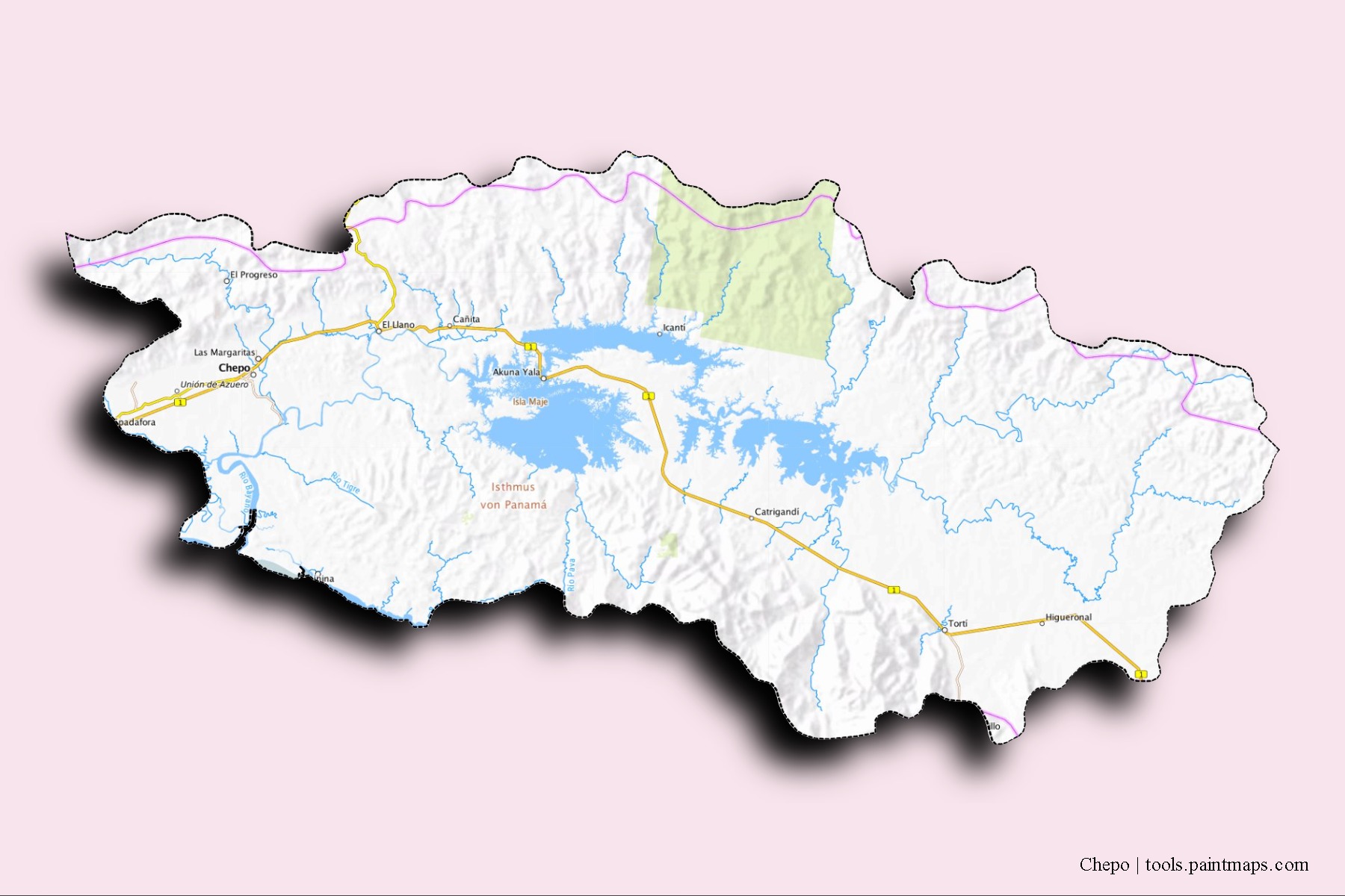 Mapa de barrios y pueblos de Chepo con efecto de sombra 3D