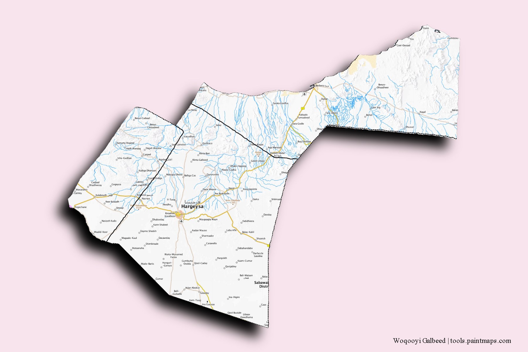 Mapa de Woqooyi Galbeed y sus distritos con efecto de sombra 3D