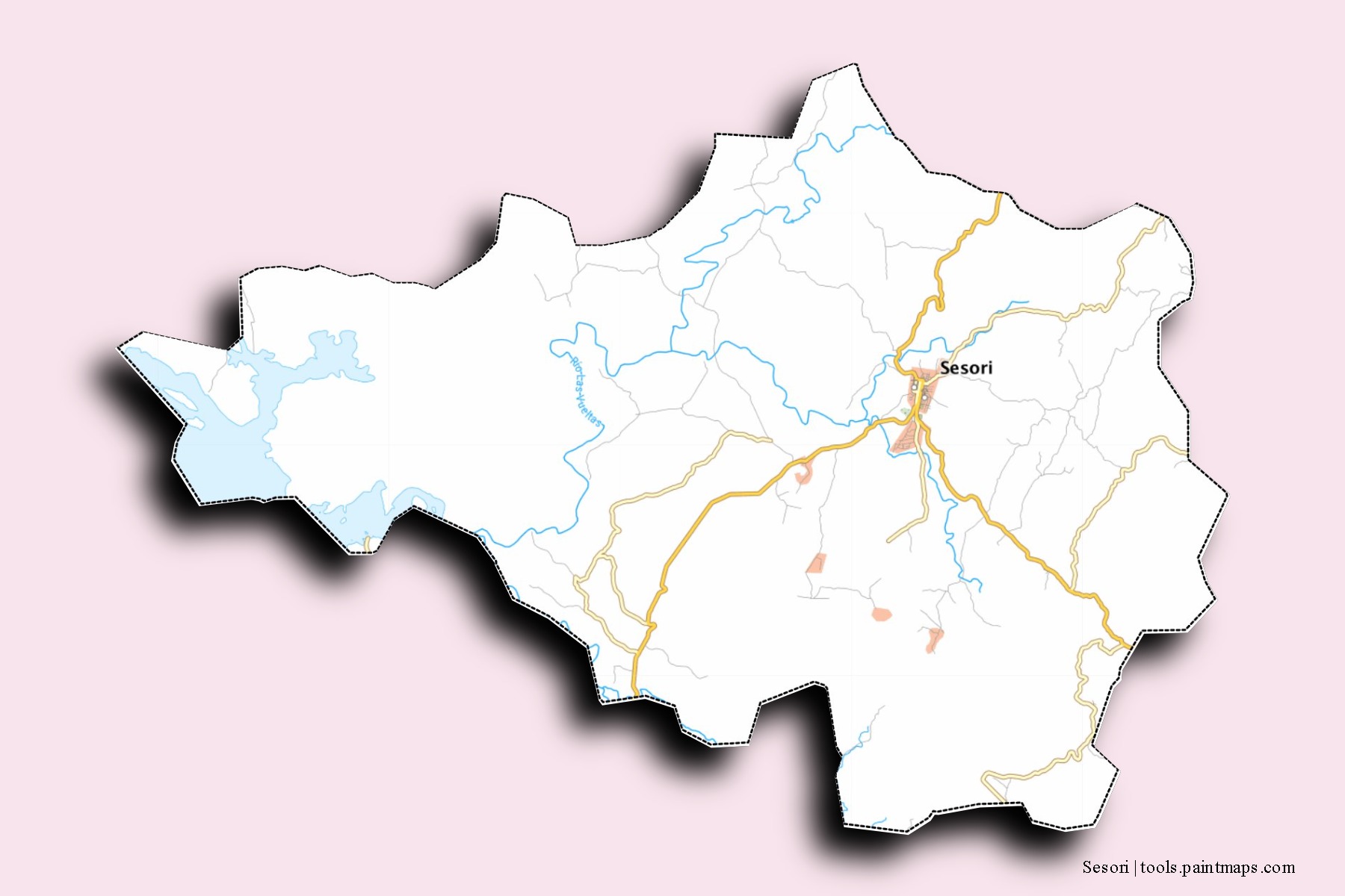 Mapa de barrios y pueblos de Sesori con efecto de sombra 3D