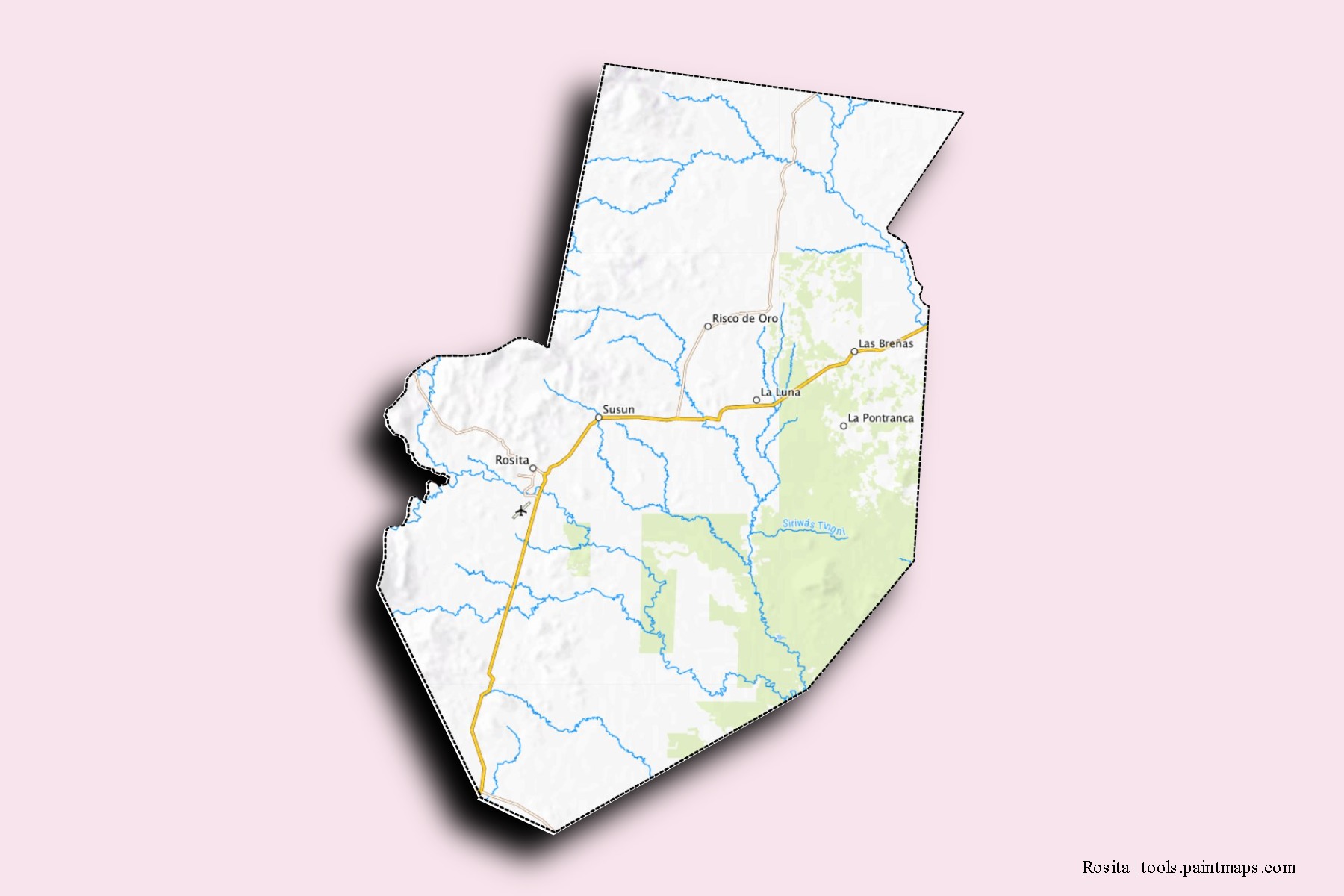 Mapa de barrios y pueblos de Rosita con efecto de sombra 3D