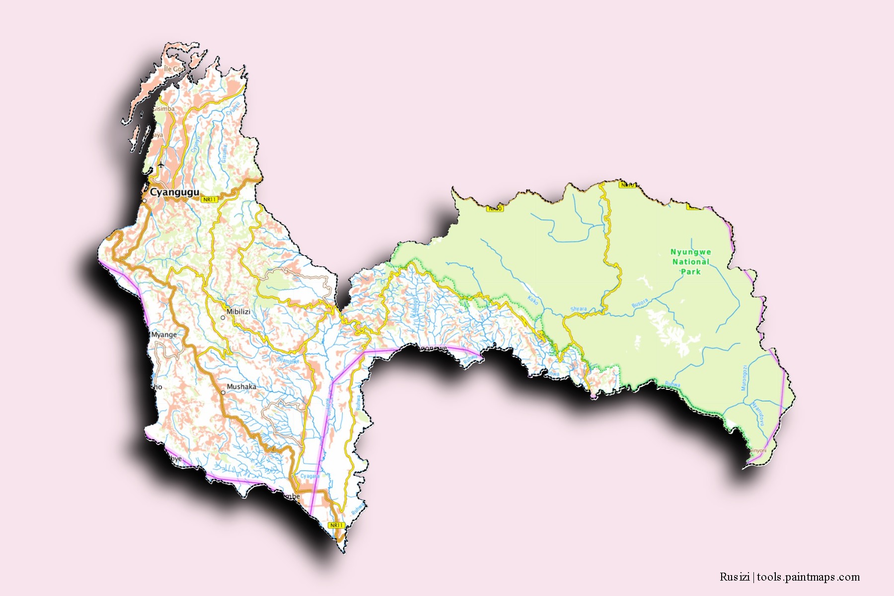 Rusizi neighborhoods and villages map with 3D shadow effect