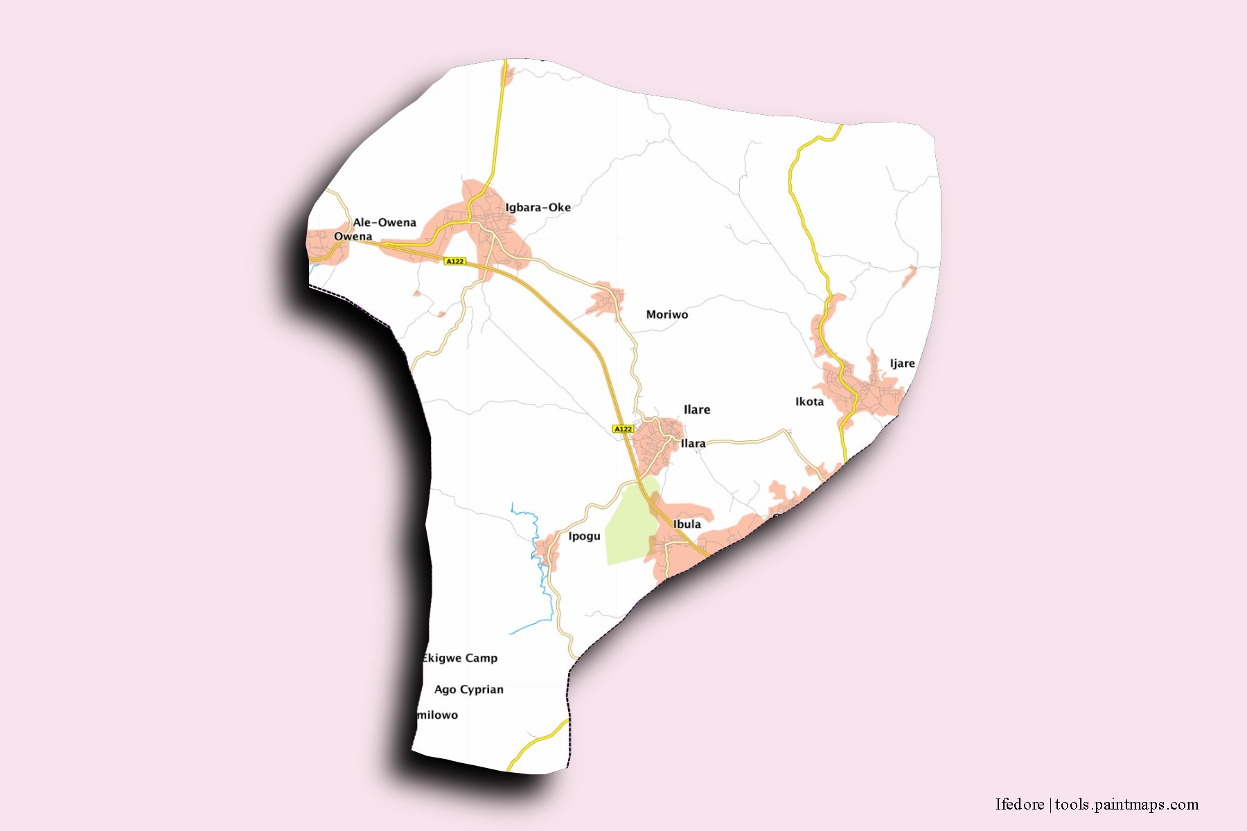 Mapa de barrios y pueblos de Ifedore con efecto de sombra 3D