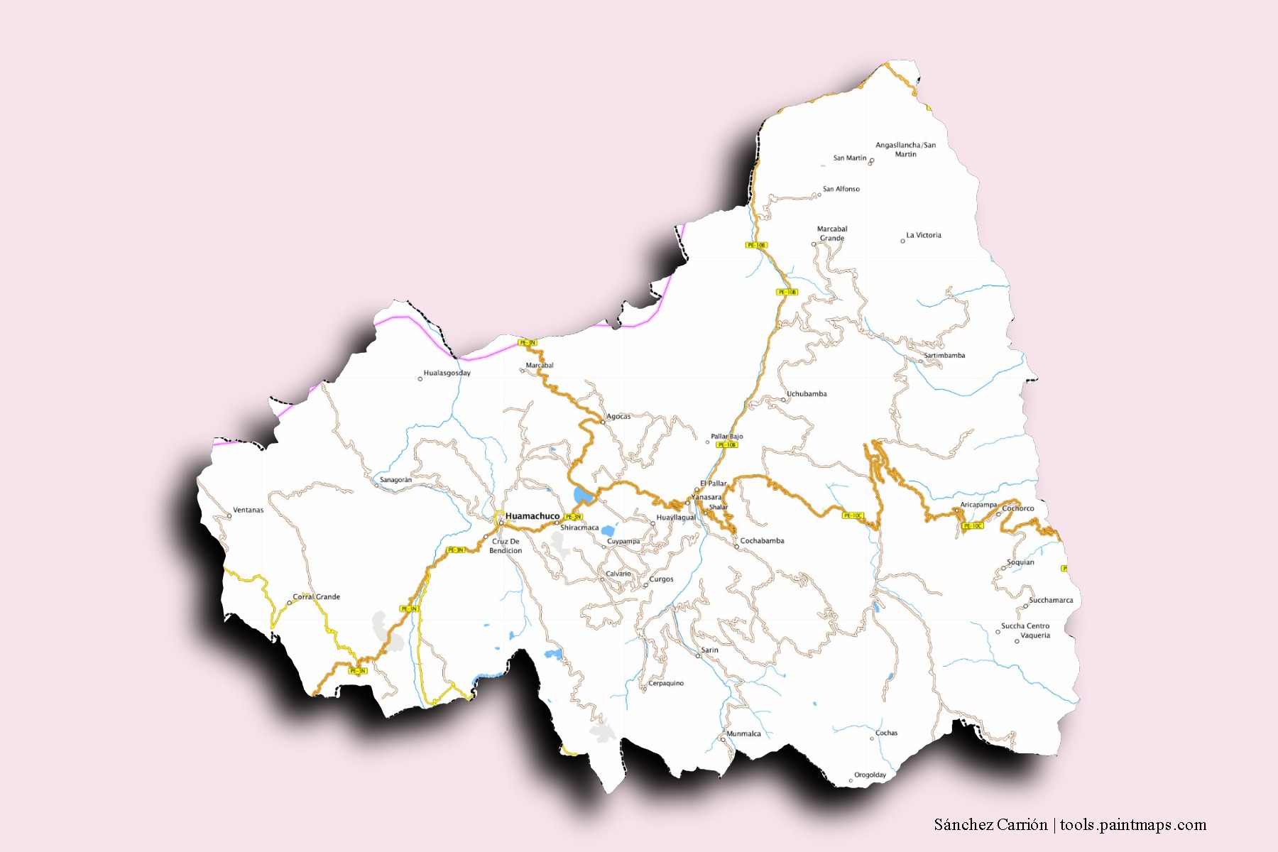 Sánchez Carrión neighborhoods and villages map with 3D shadow effect