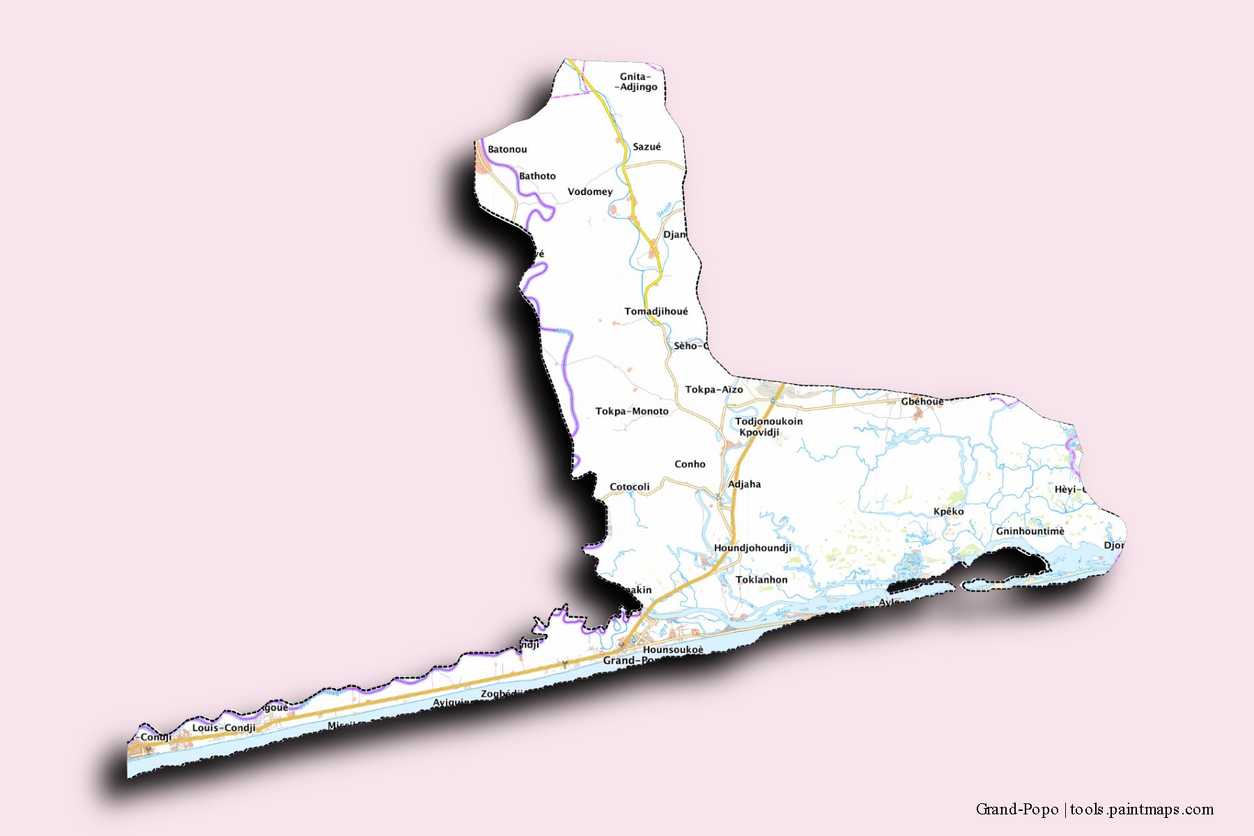 Mapa de barrios y pueblos de Grand-Popo con efecto de sombra 3D