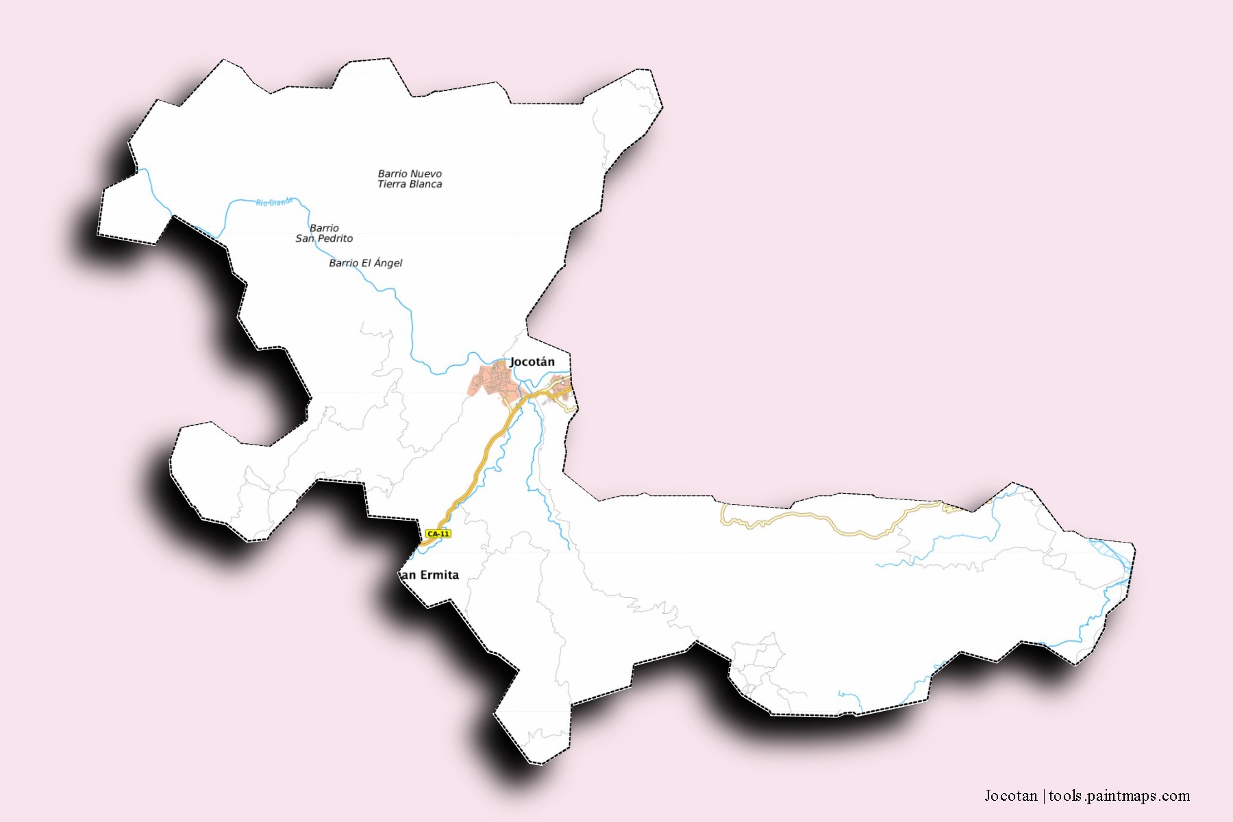 Mapa de barrios y pueblos de Jocotan con efecto de sombra 3D