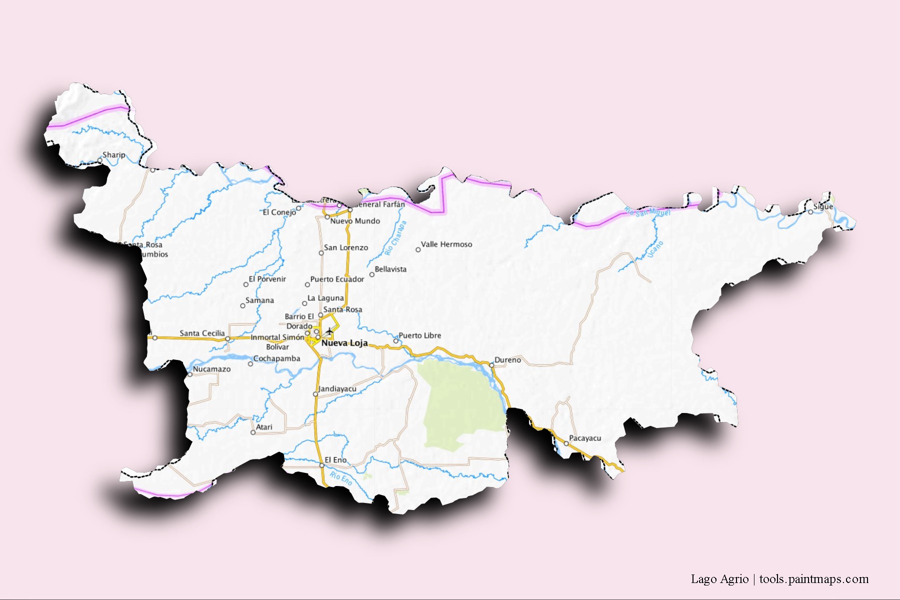 Mapa de barrios y pueblos de Lago Agrio con efecto de sombra 3D