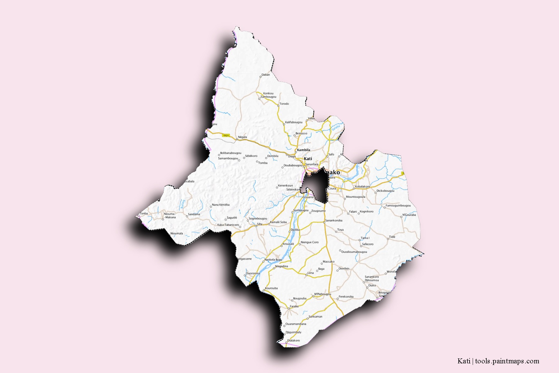 Mapa de barrios y pueblos de Kati con efecto de sombra 3D