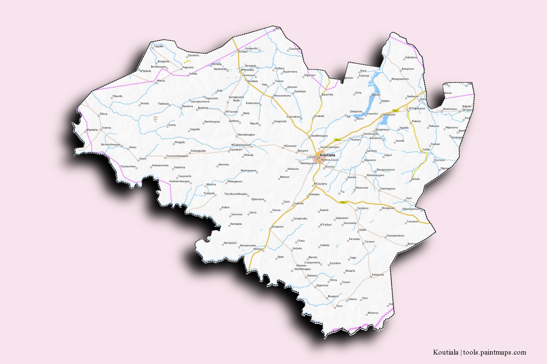 3D gölge efektli Koutiala mahalleleri ve köyleri haritası