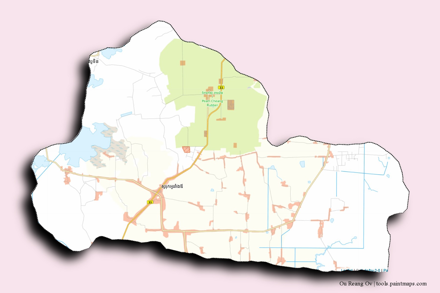 Mapa de barrios y pueblos de Ou Reang Ov con efecto de sombra 3D