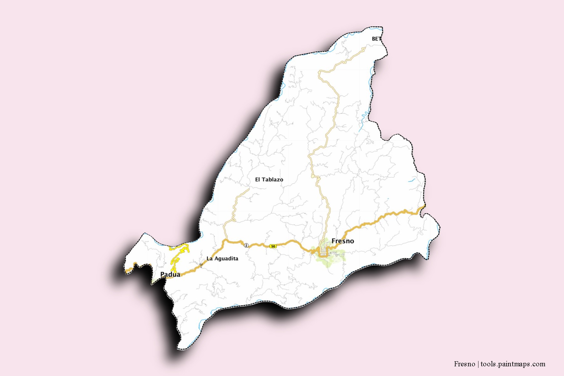 Mapa de barrios y pueblos de Fresno con efecto de sombra 3D