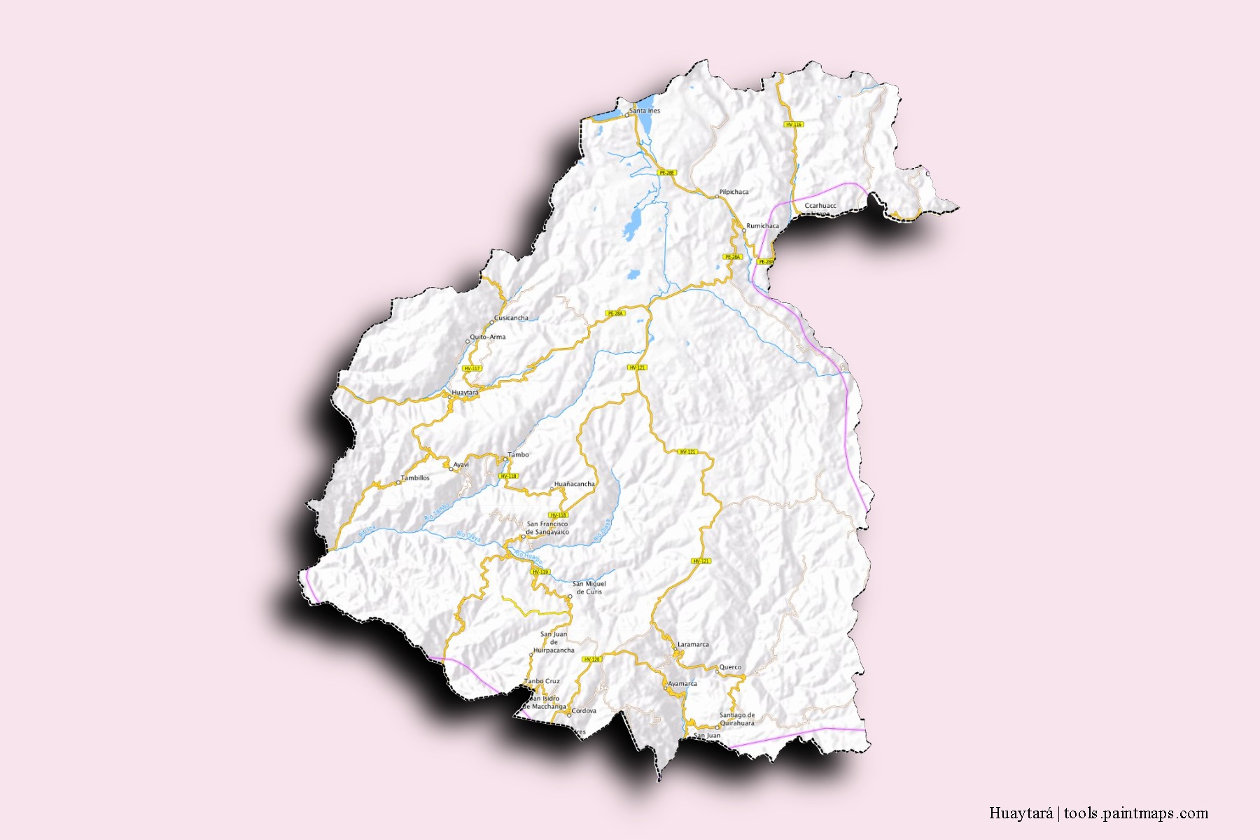 Mapa de barrios y pueblos de Huaytará con efecto de sombra 3D