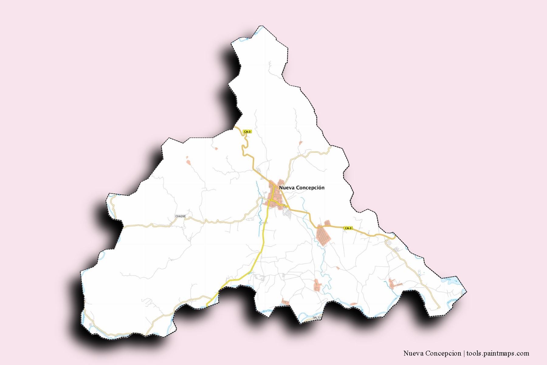 Mapa de barrios y pueblos de Nueva Concepcion con efecto de sombra 3D