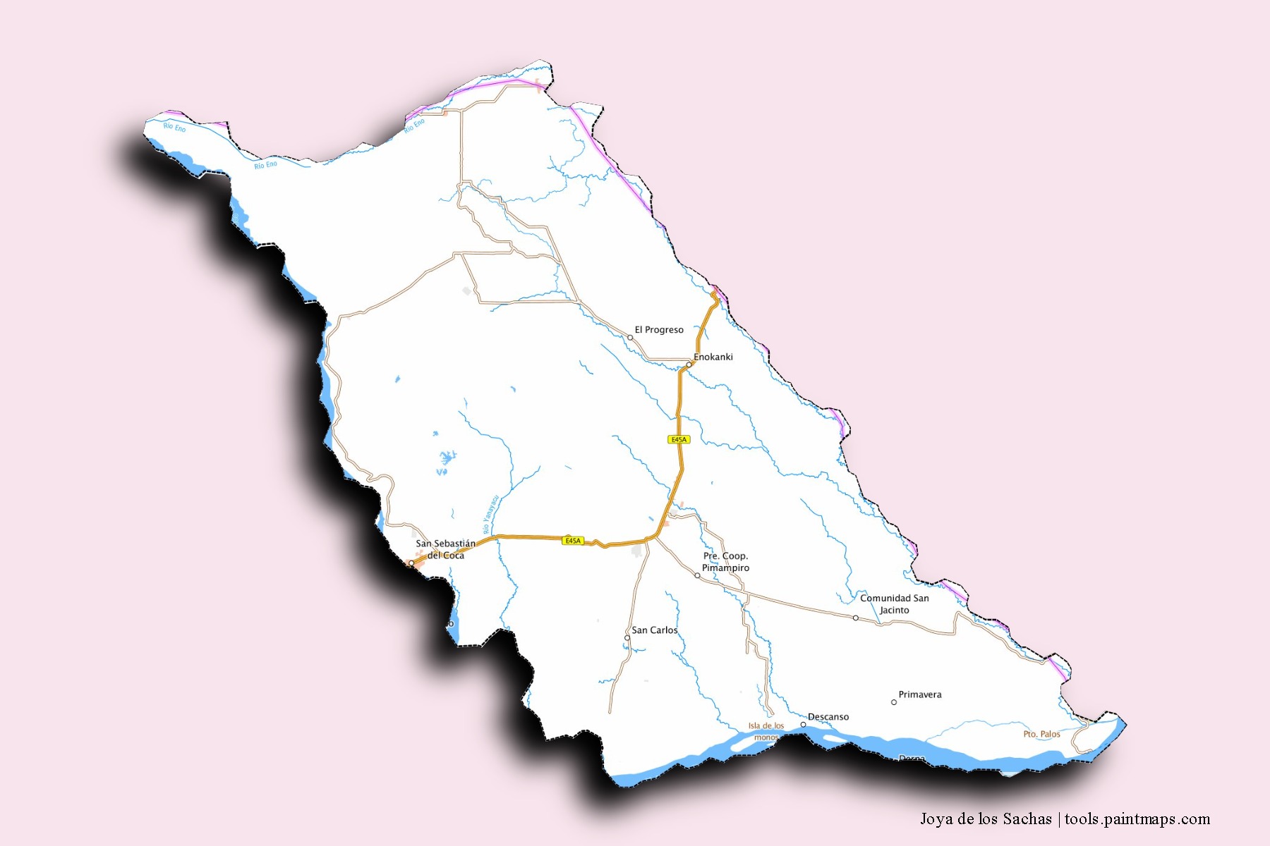 Mapa de barrios y pueblos de Joya de los Sachas con efecto de sombra 3D