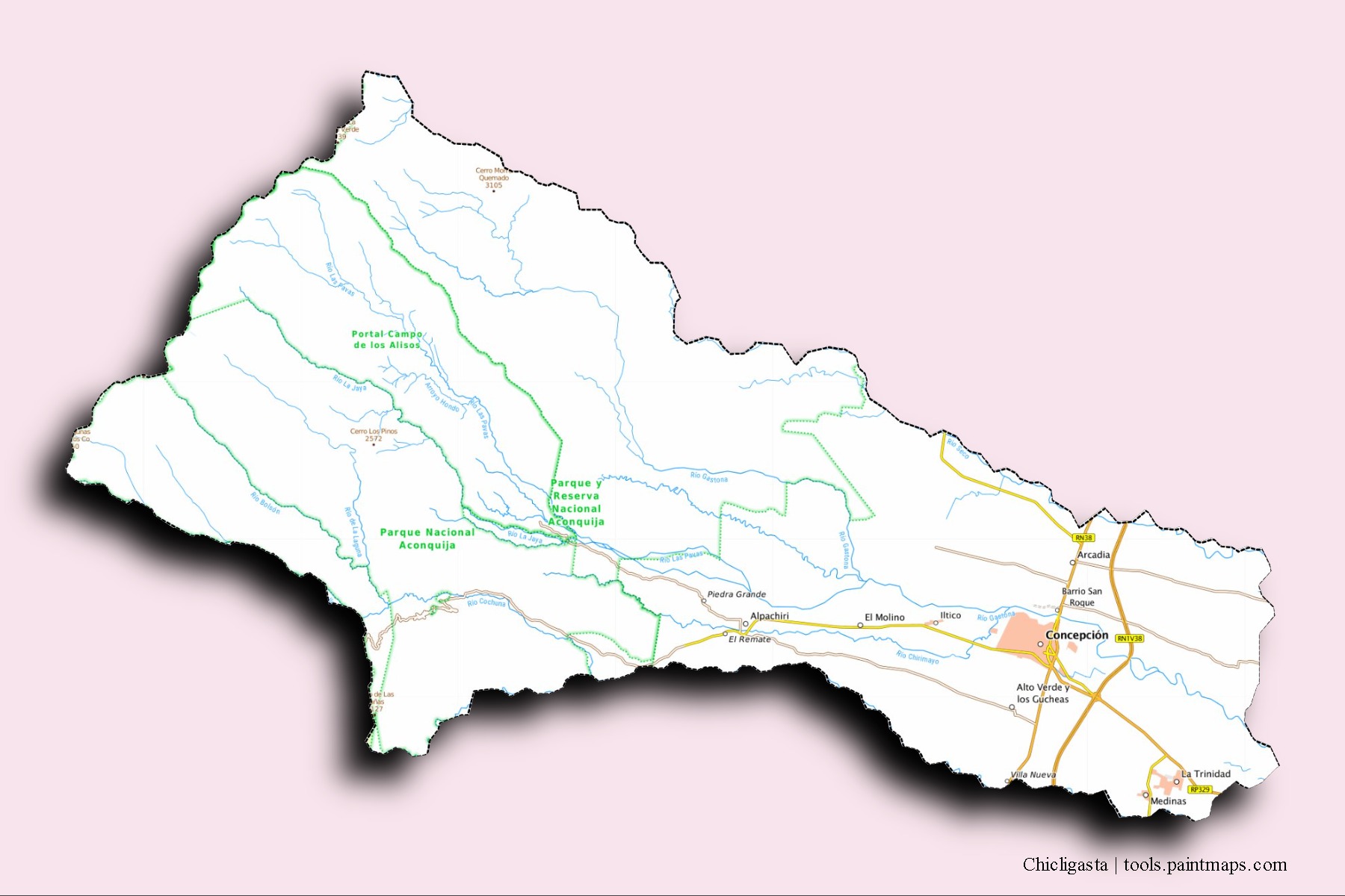 Chicligasta neighborhoods and villages map with 3D shadow effect