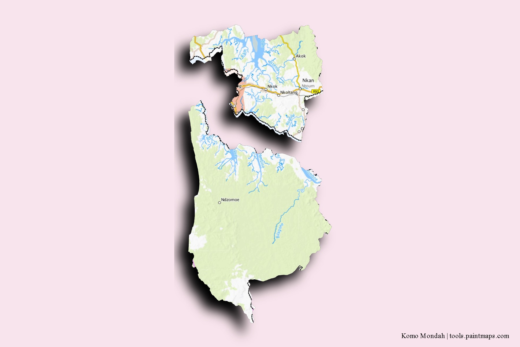 Komo-Mondah Department neighborhoods and villages map with 3D shadow effect