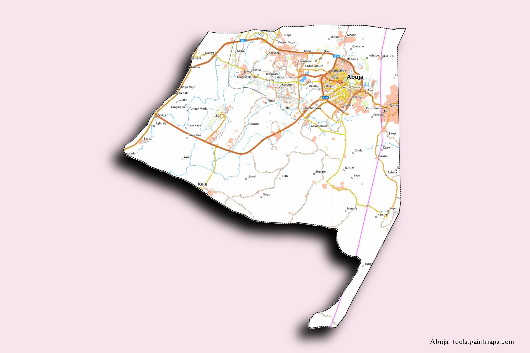 Mapa de barrios y pueblos de Abuja con efecto de sombra 3D