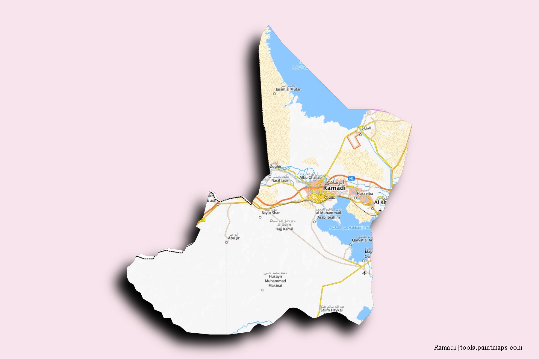 Mapa de barrios y pueblos de Ramadi con efecto de sombra 3D