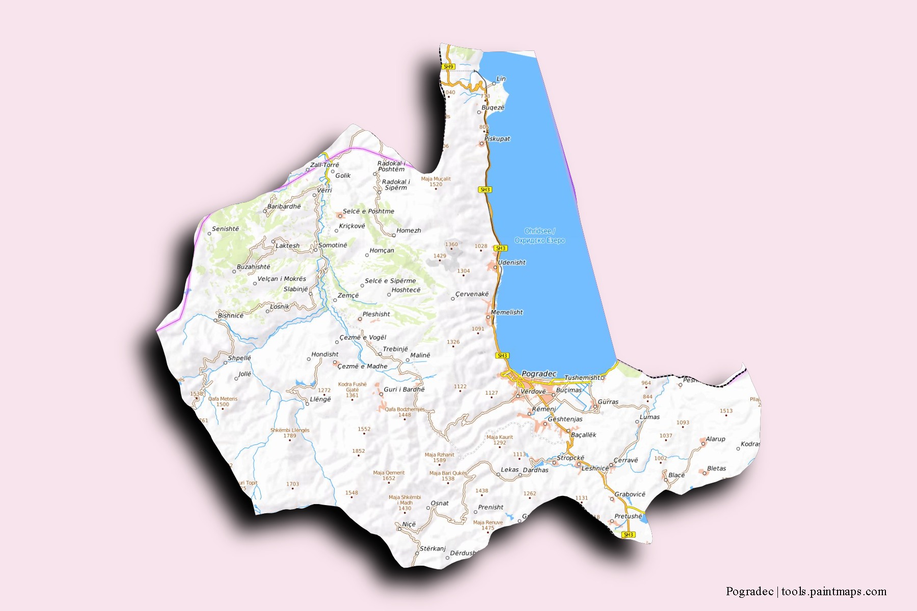 Mapa de barrios y pueblos de Pogradec con efecto de sombra 3D