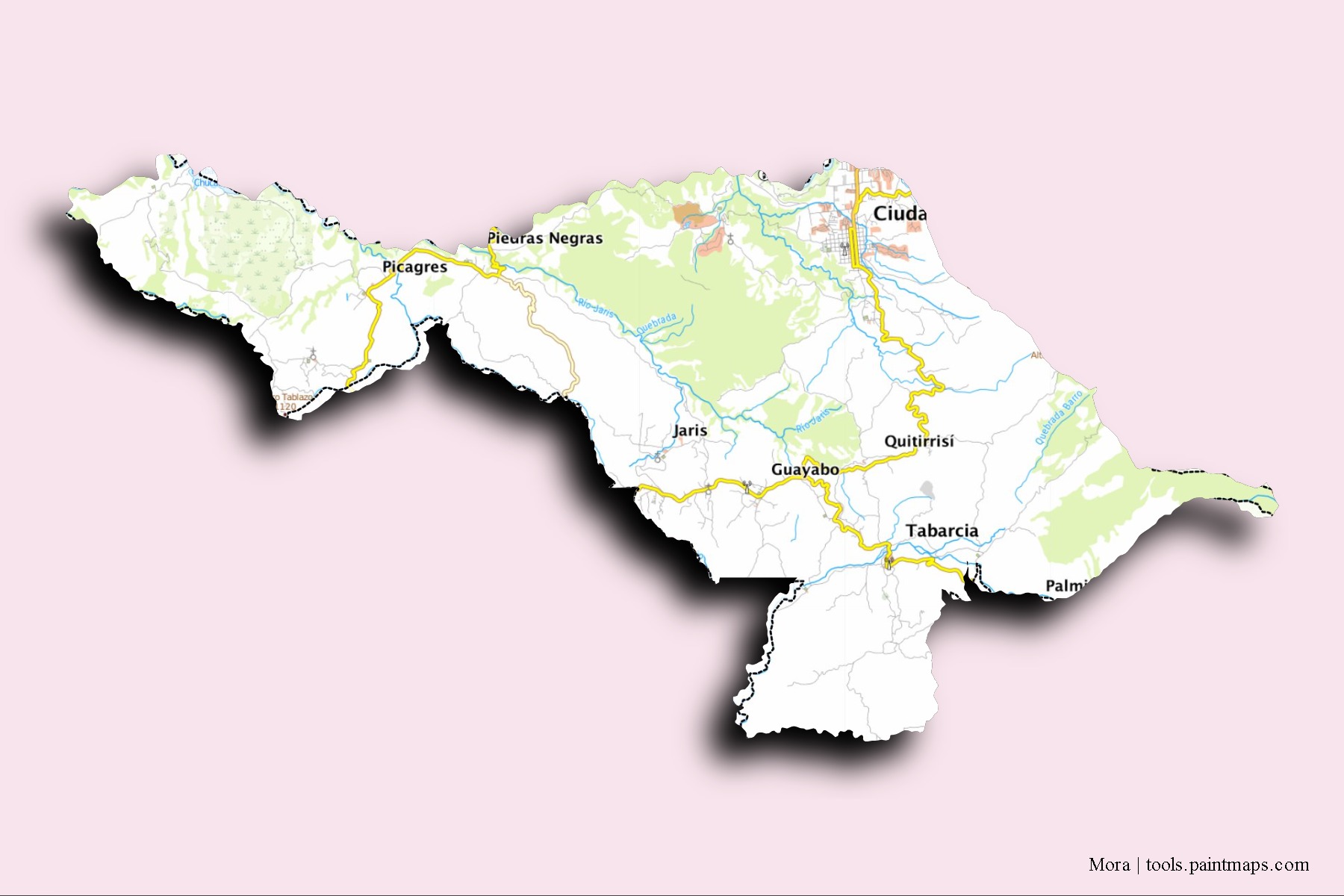 Mapa de barrios y pueblos de Mora con efecto de sombra 3D