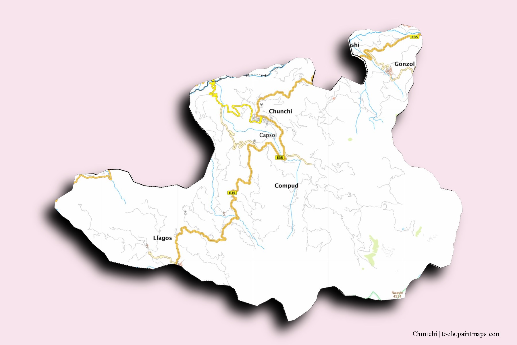 Mapa de barrios y pueblos de Chunchi con efecto de sombra 3D