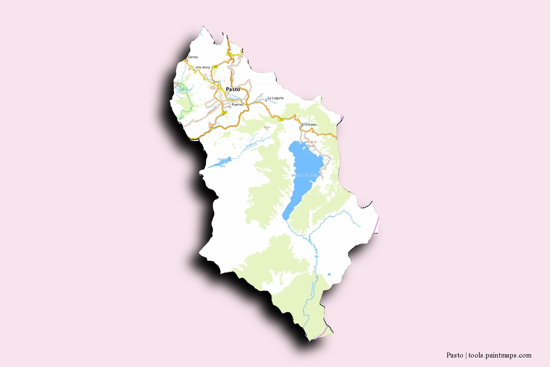 Mapa de barrios y pueblos de Pasto con efecto de sombra 3D