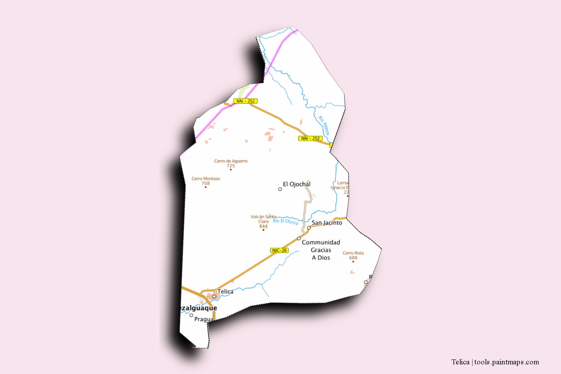 Mapa de barrios y pueblos de Telica con efecto de sombra 3D