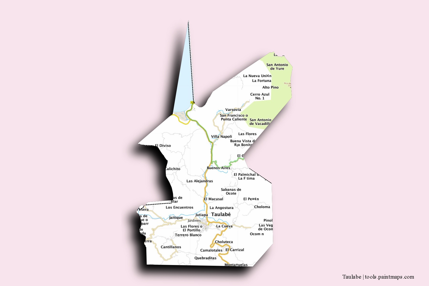 Taulabe neighborhoods and villages map with 3D shadow effect