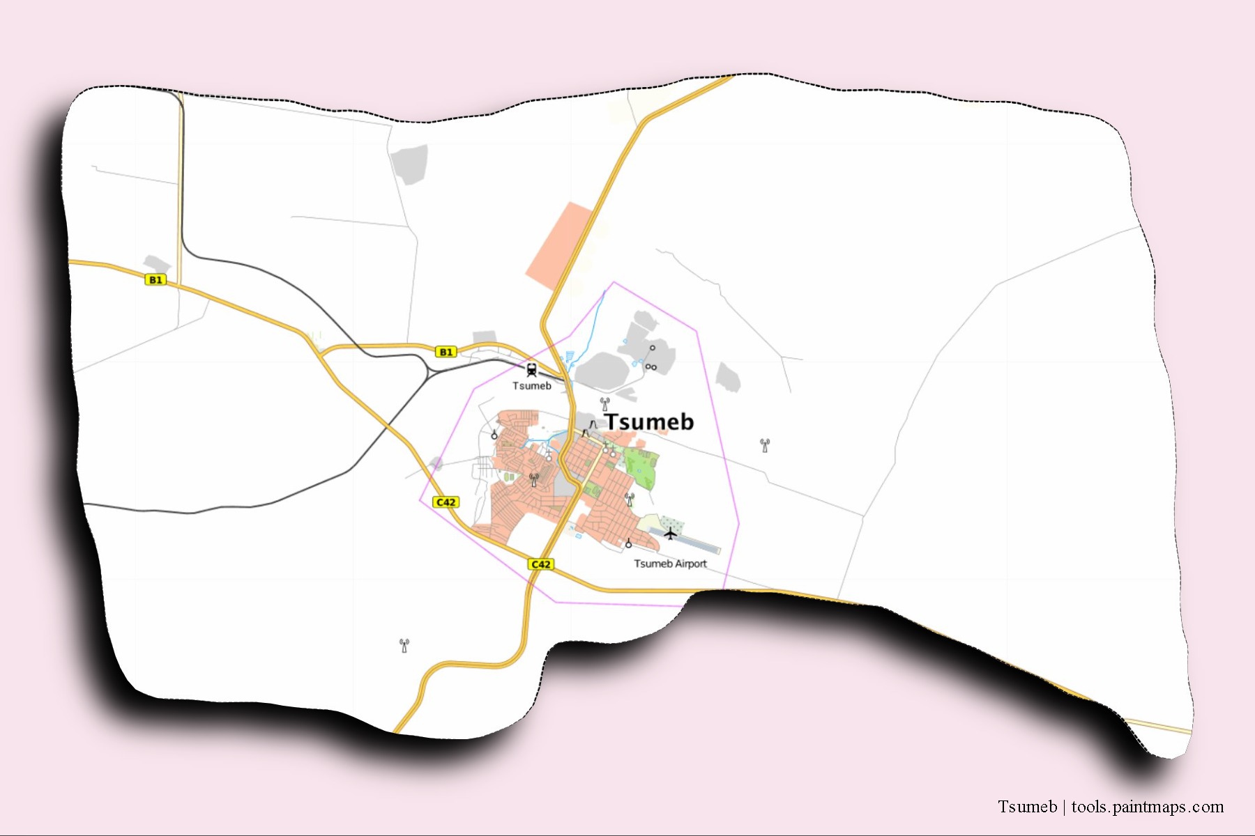 3D gölge efektli Tsumeb mahalleleri ve köyleri haritası