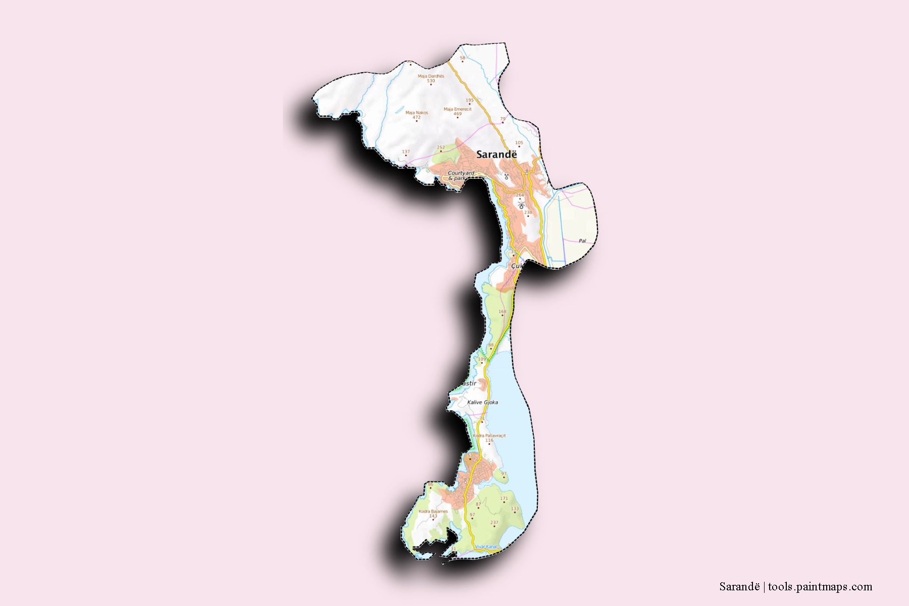 Sarandë neighborhoods and villages map with 3D shadow effect