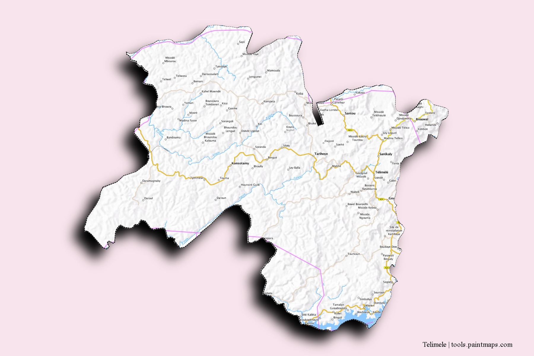 Mapa de barrios y pueblos de Telimele con efecto de sombra 3D