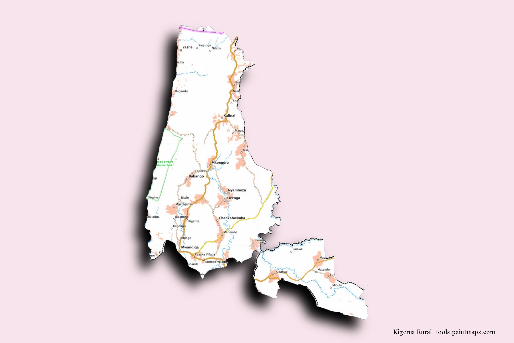 Kigoma Rural neighborhoods and villages map with 3D shadow effect