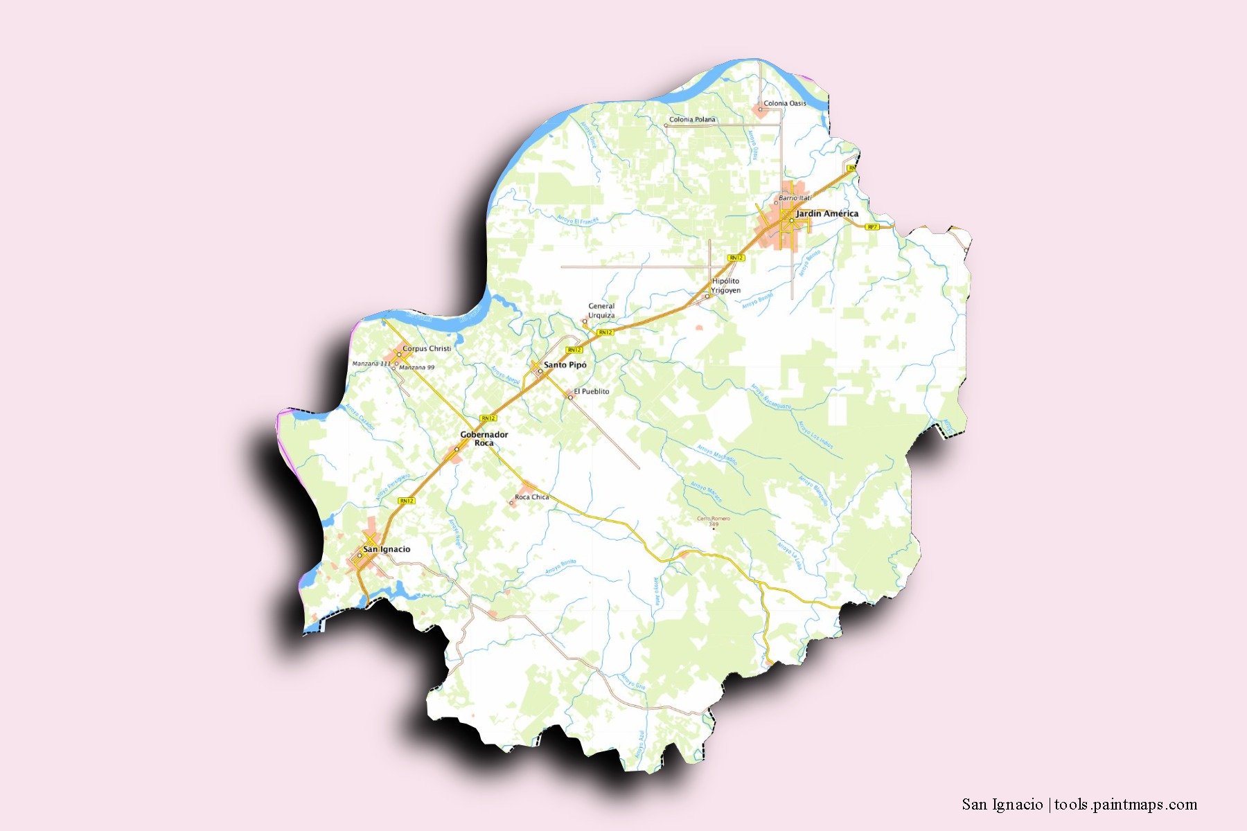 Mapa de barrios y pueblos de San Ignacio con efecto de sombra 3D
