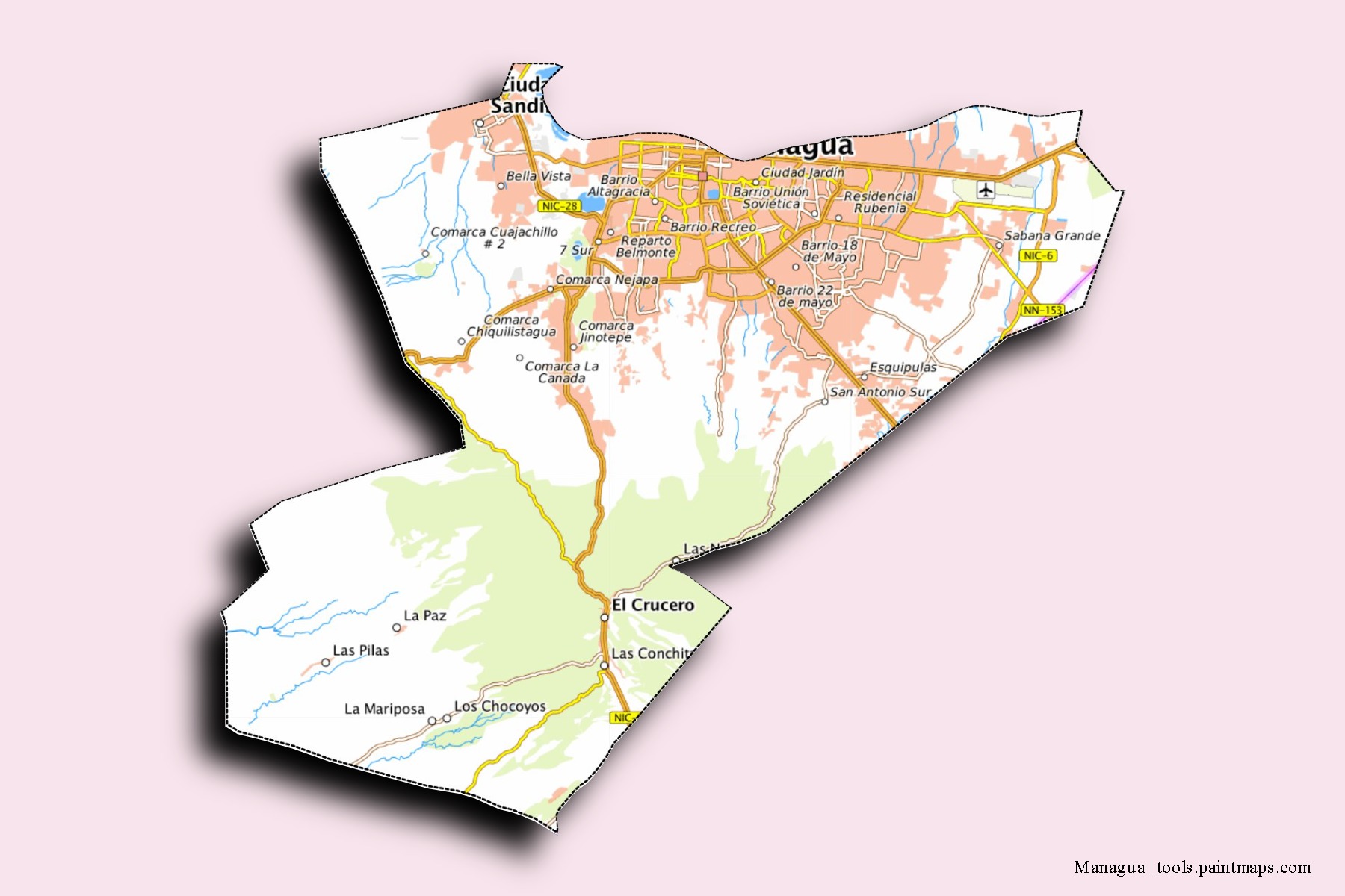 Mapa de barrios y pueblos de Managua con efecto de sombra 3D