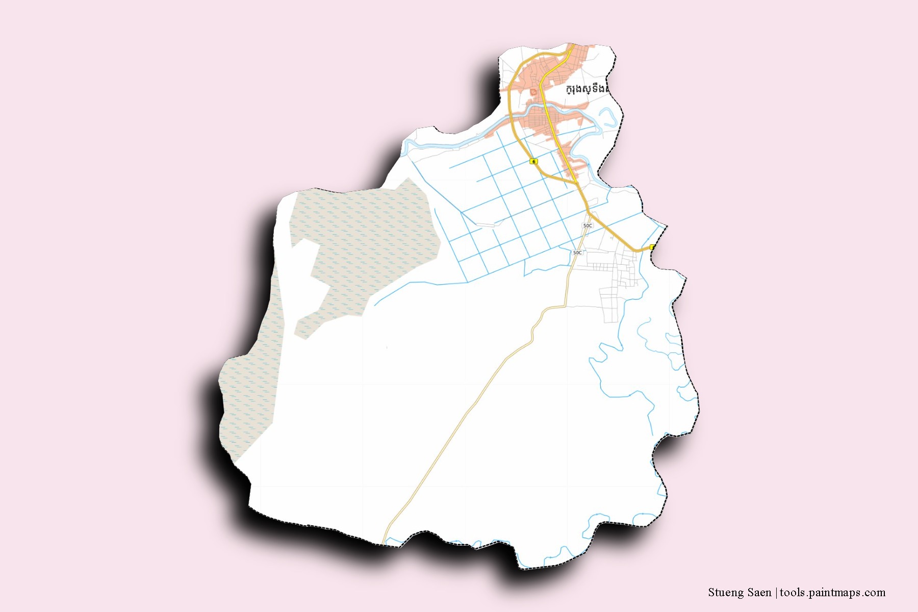 Stueng Saen neighborhoods and villages map with 3D shadow effect