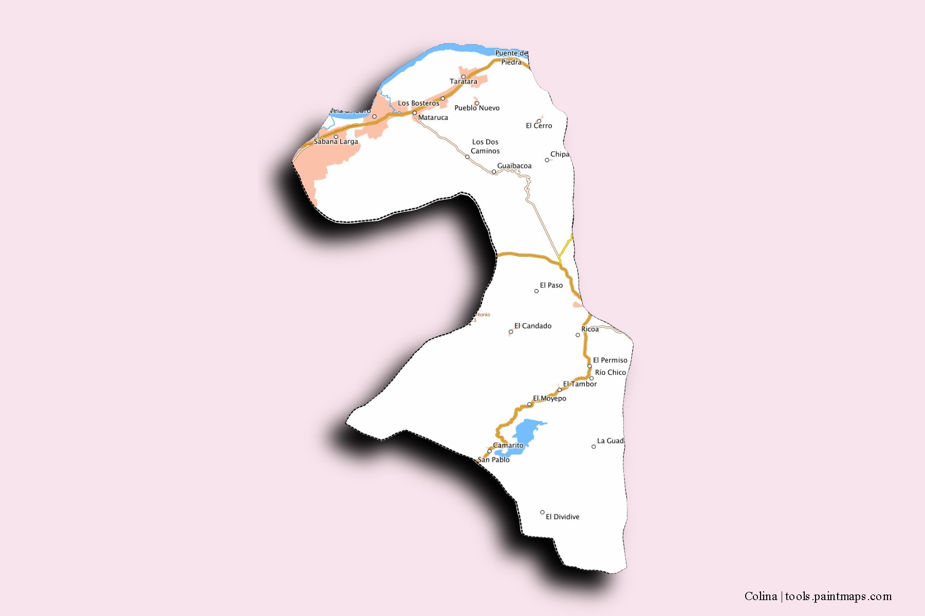 Mapa de barrios y pueblos de Colina con efecto de sombra 3D