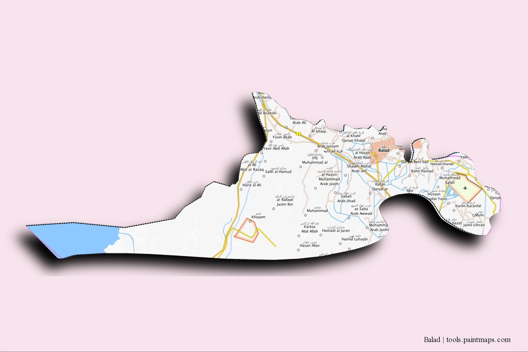 3D gölge efektli Balad mahalleleri ve köyleri haritası