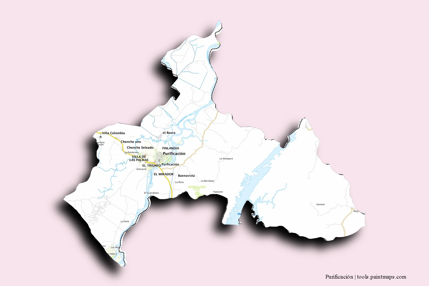 Purificación neighborhoods and villages map with 3D shadow effect