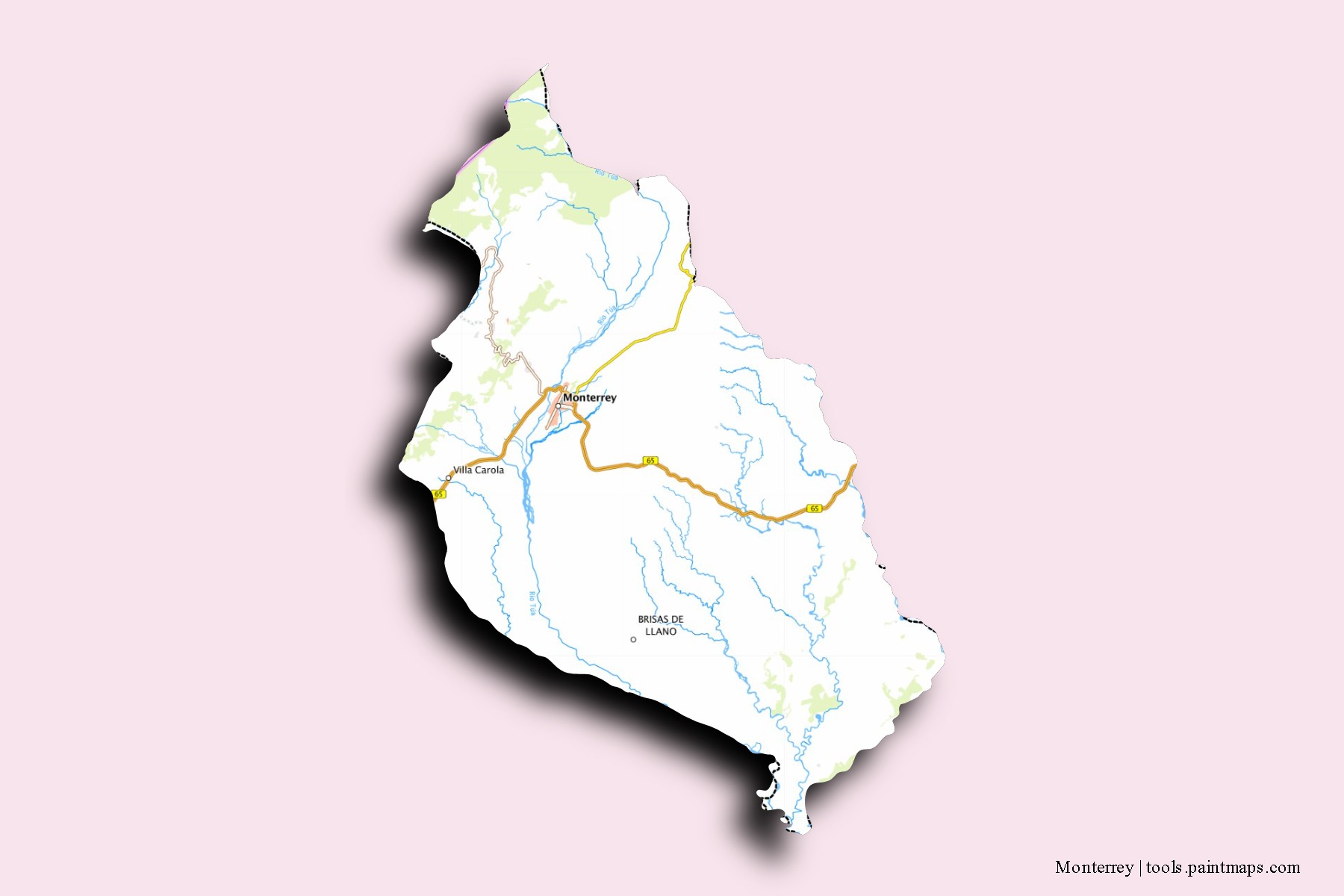 Mapa de barrios y pueblos de Monterrey con efecto de sombra 3D