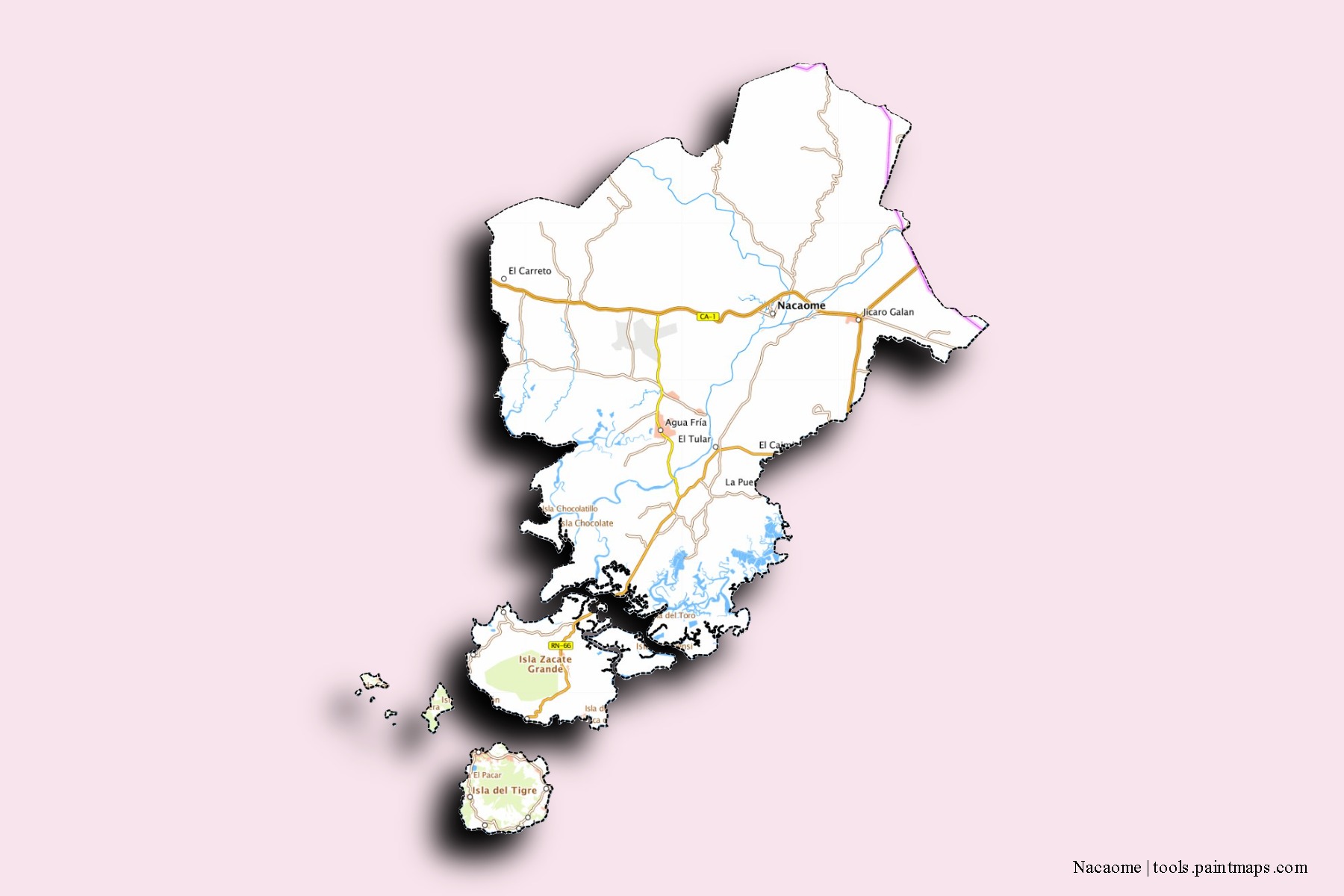 Nacaome neighborhoods and villages map with 3D shadow effect