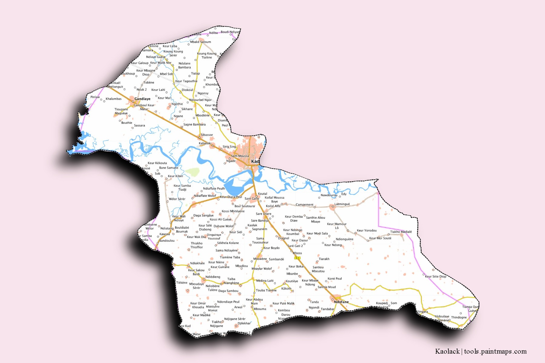 Mapa de barrios y pueblos de Kaolack con efecto de sombra 3D