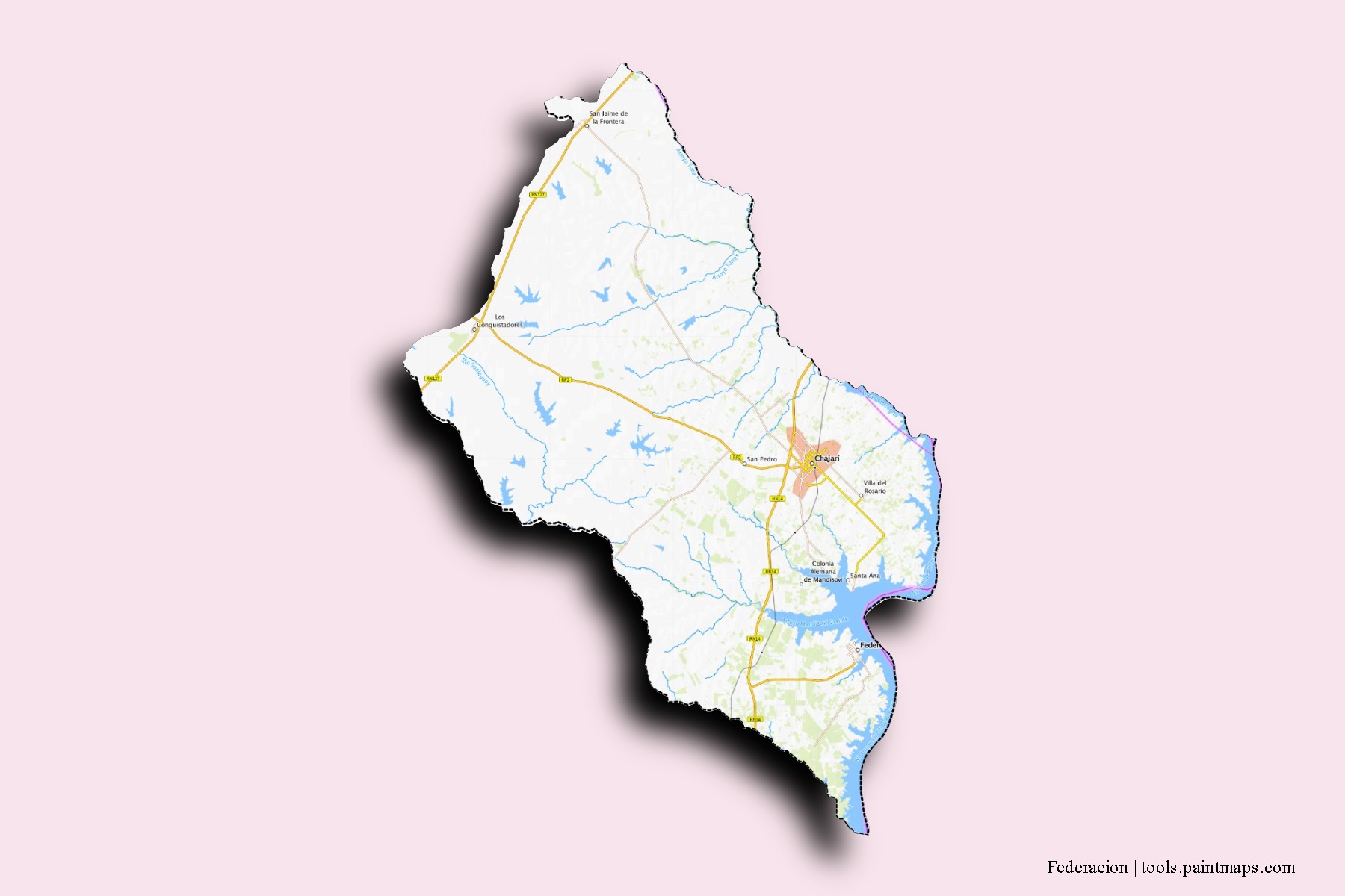 Federación neighborhoods and villages map with 3D shadow effect